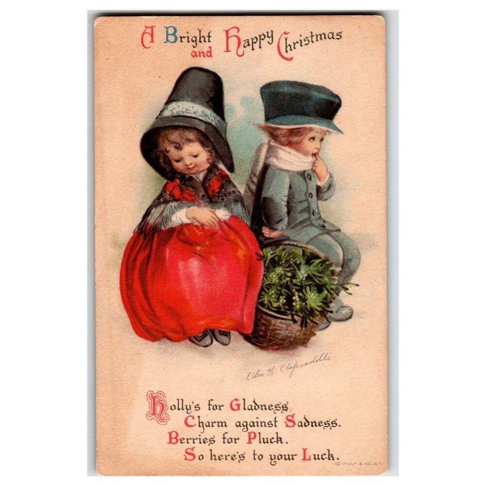 Ellen H. Clapsaddle Christmas Postcard Children Holly & Berries Poem Wolf Co